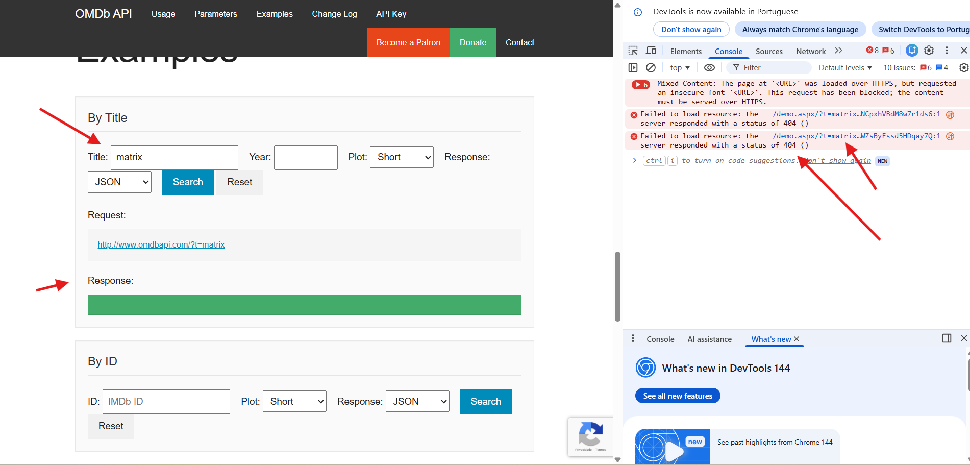 Foto do site OMDB com a busca pelo titulo "Matrix" e ao lado o console retornando 404 para essa busca