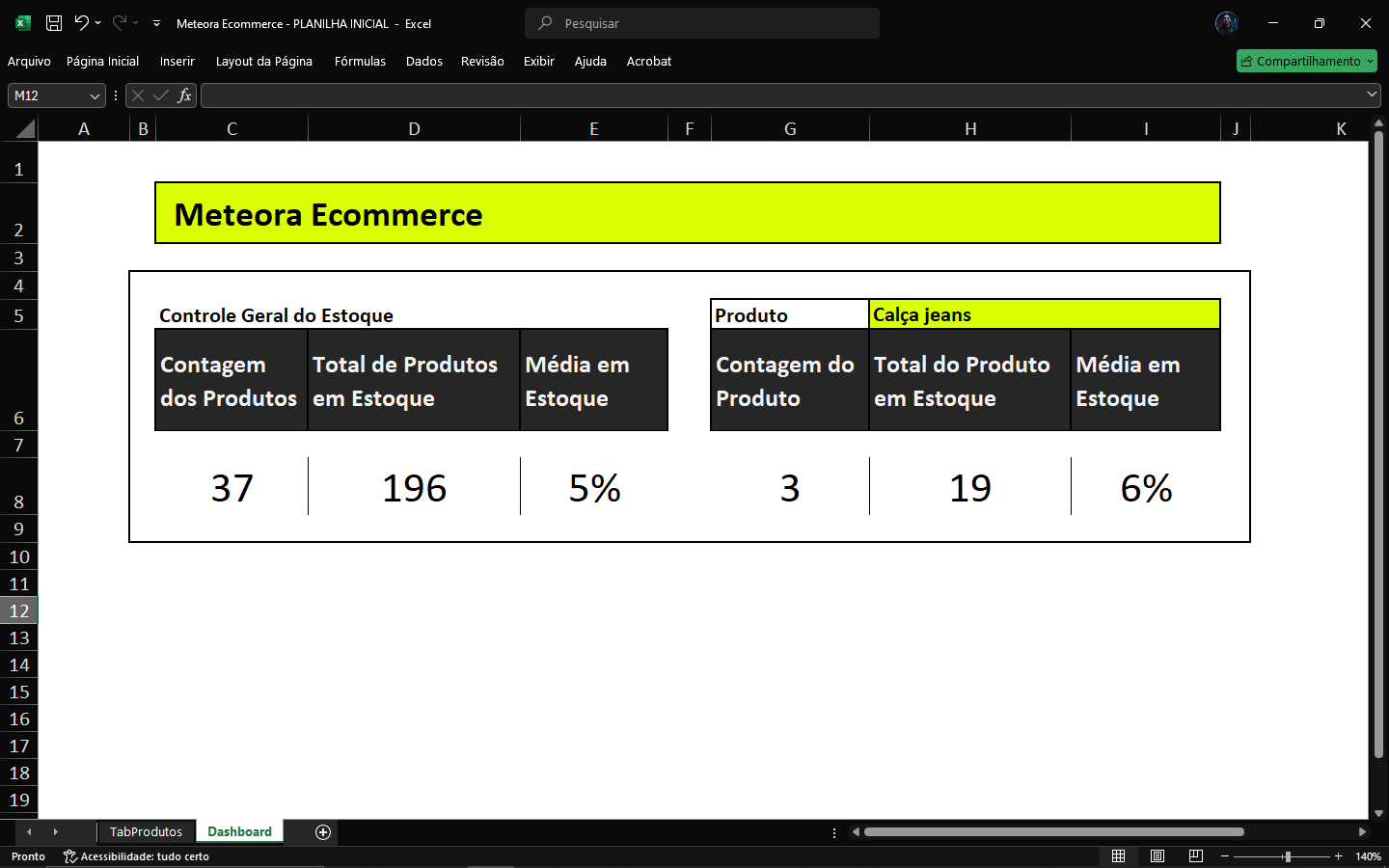 Exercício de funções no Excel apresentadas como "cards de dashboard"