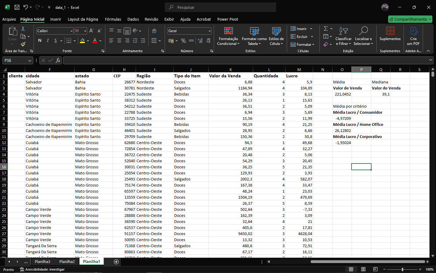 Exerrcício de média, mediana e média condicional no excel
