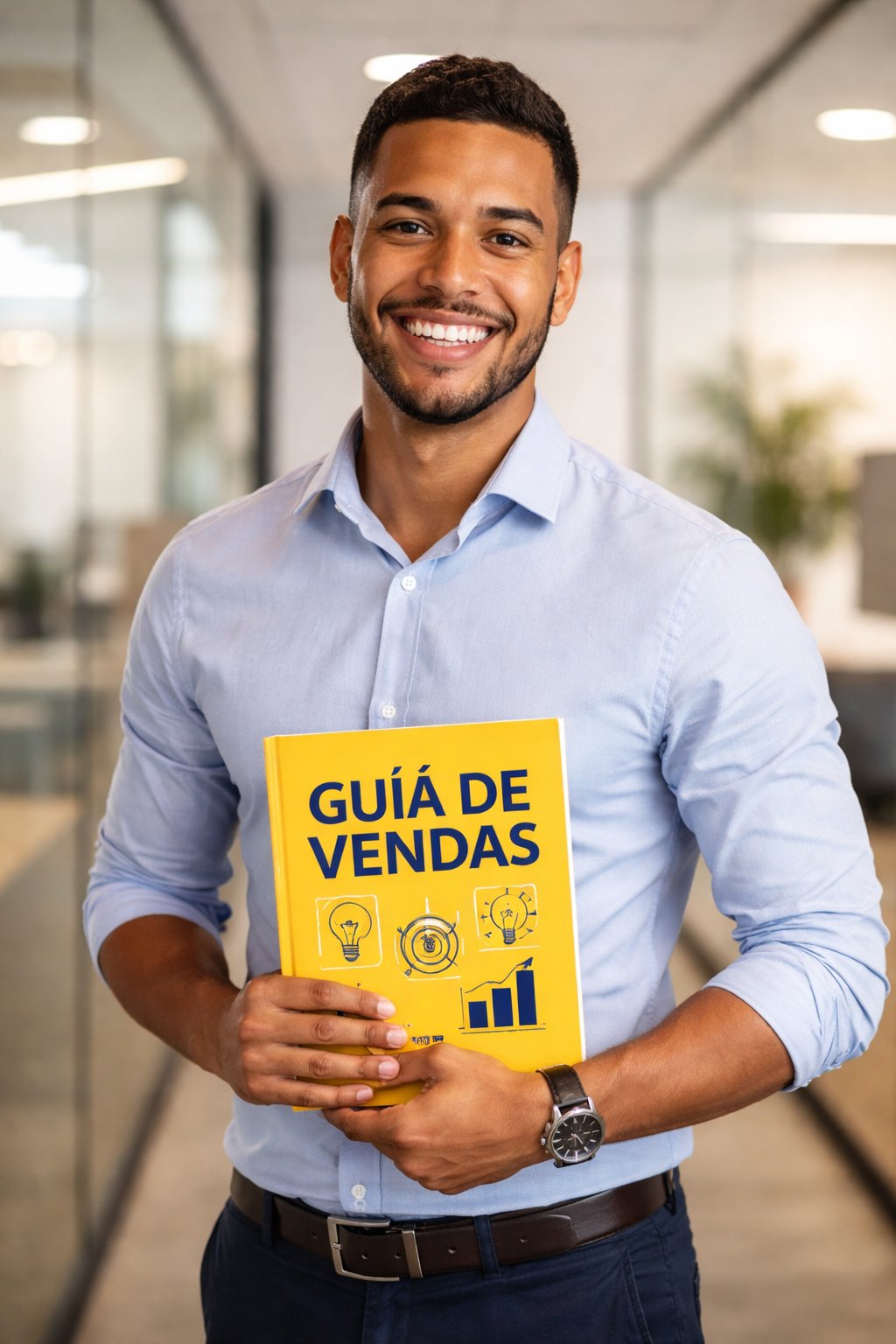 Um homem pardo, jovem adulto, está em pé em um ambiente que parece ser um escritório. Ele veste uma camisa social azul clara e está sorrindo de forma amigável, transmitindo confiança e simpatia. Ele segura um livro relacionado a vendas (capa amarela), sugerindo um contexto profissional ou de aprendizado.