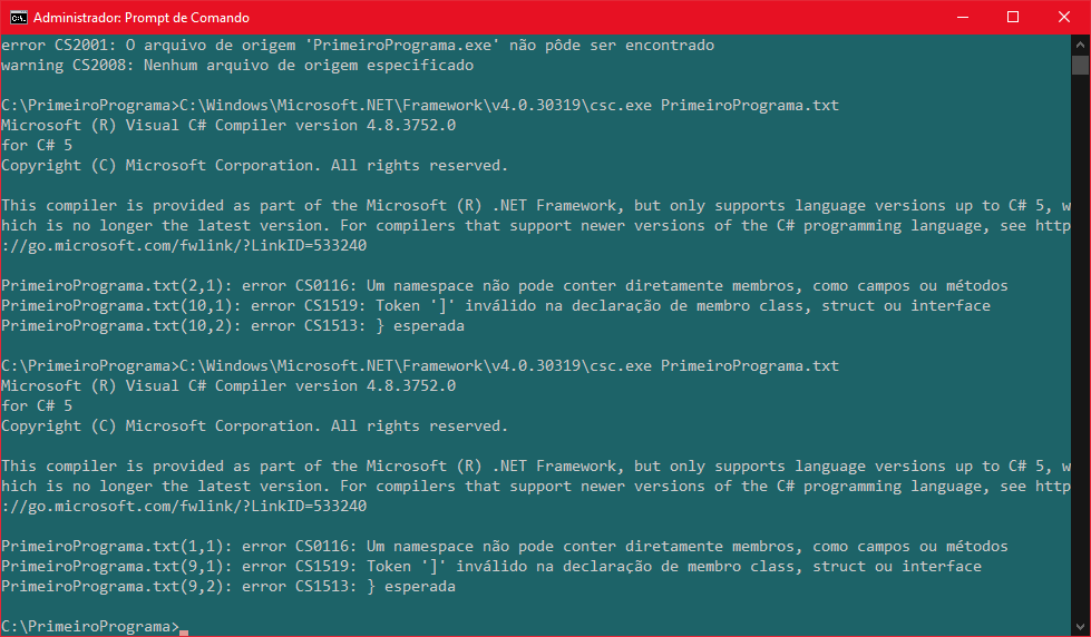 Erros CS0116, CS1519, CS 1513