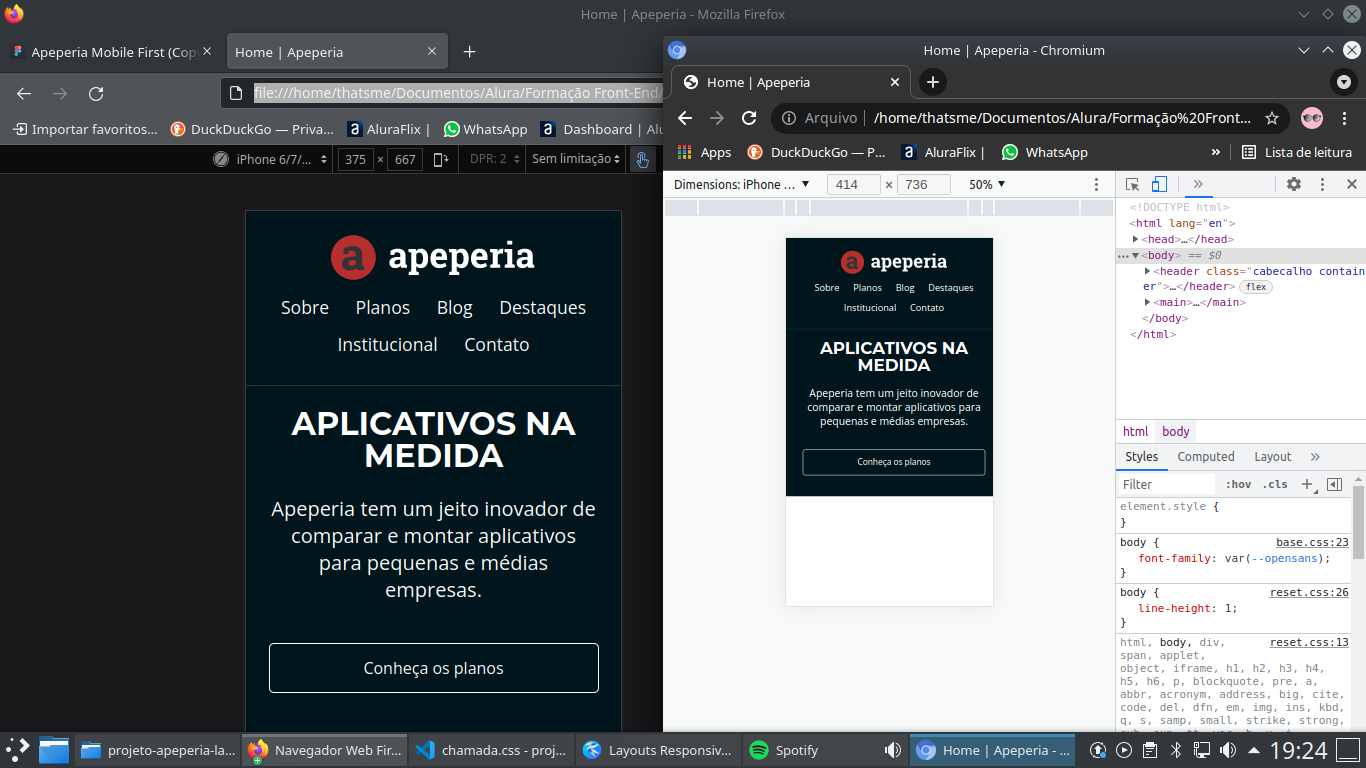 Print comparando Mozilla e Chromium simulando o mesmo viewport de iPhone