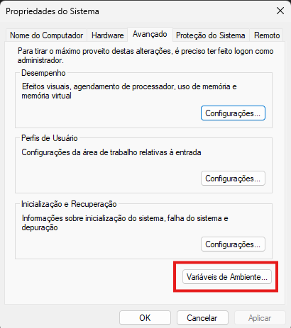 Tela de propriedade do Sistema, com o botão de Variáveis do Sistema destacado