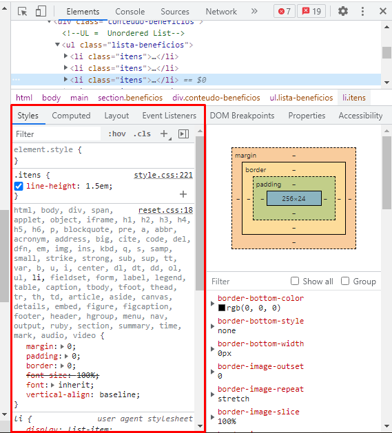 Imagem da tela de Inspecionar do google chrome mostrando a aba Styles do li class="itens"
