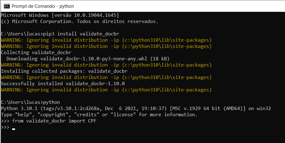 imagem com print do prompt de comando, mostrando o pip3 install validate_docbr, logo abaixo um codigo chamando o pacote e a funcao CPF, sem dar nenhum erro