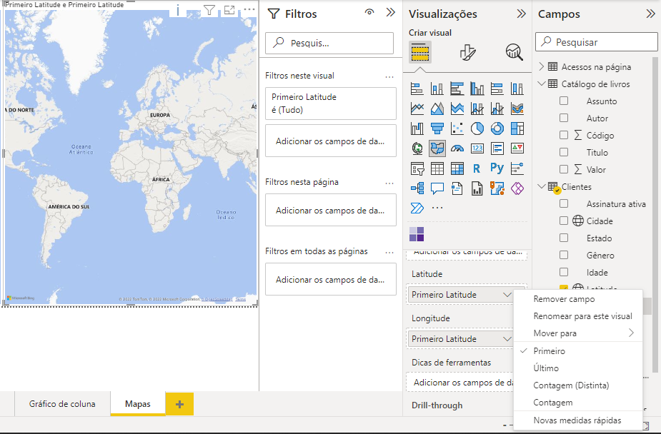 Imagem do dashboard com erro de formatação da longitude e latitude