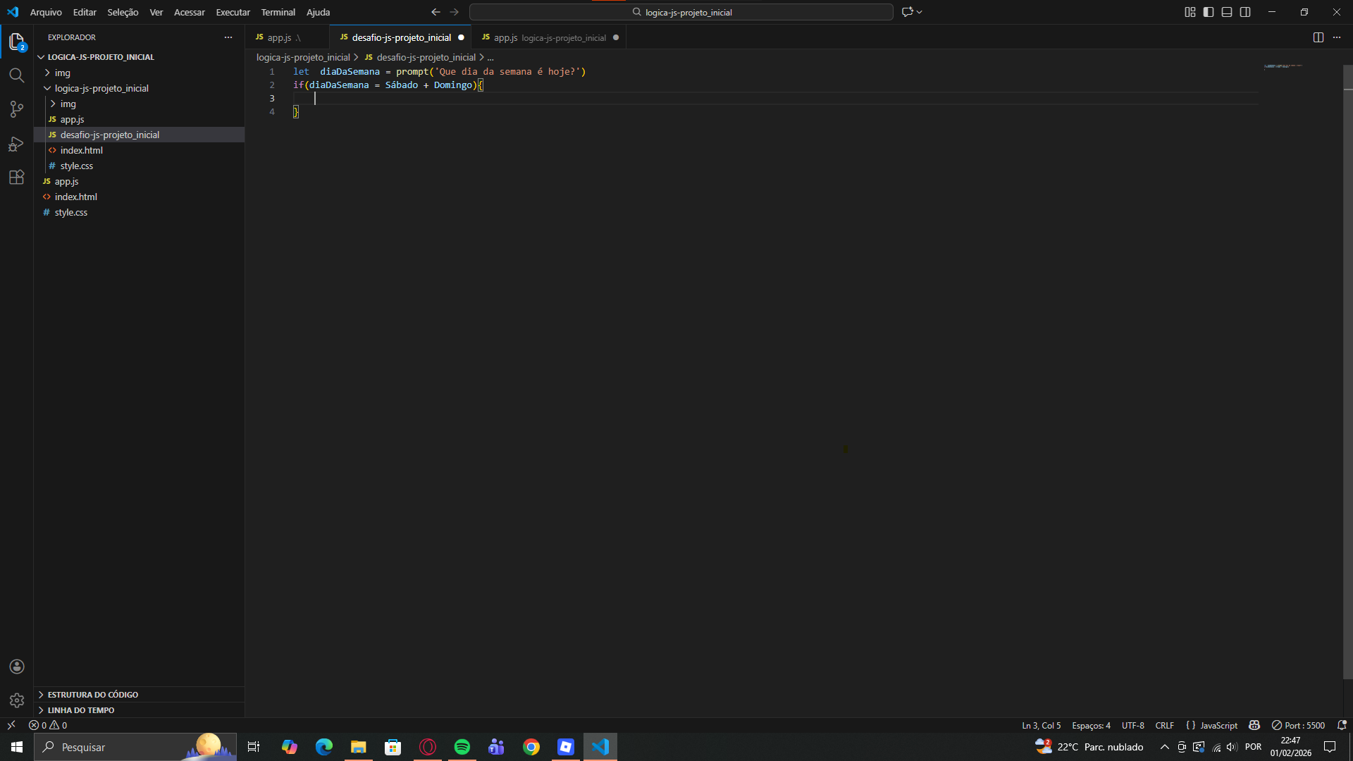 Um print da tela do VSCode  na pasta desafio-js-projeto_inicial 