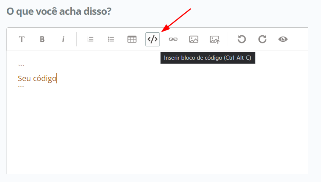 seta apontando a ferramenta de código na barra de tarefas da caixa de texto do fórum