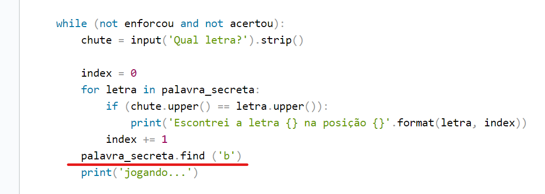 trecho de código em python usando a função find e o laço for