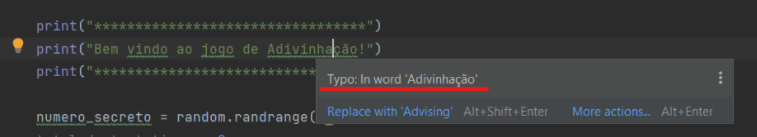 mensagem de erro de tipo ortográfico Type onde Pycharm não reconhece a palavra ou acentuação utilizada