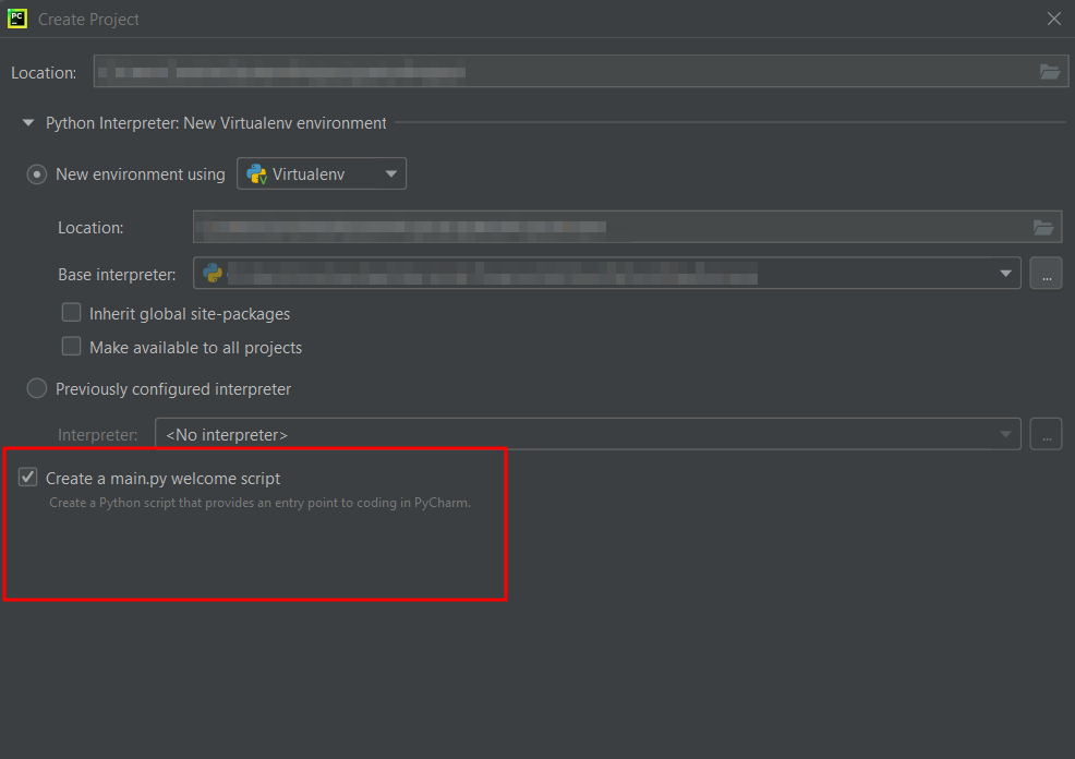 página de criação de novo projeto no pycharm com exemplo de como desativar a criação do arquivo main.py 