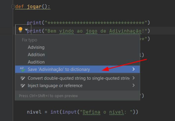 salvando palavra no dicionário do pycharm