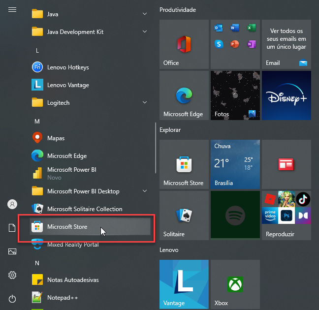 Print do menu inicial do windows 11 destacando a opção microsoft store