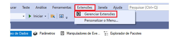 Tela inicial do Visual Studio marcando com um retângulo vermelho a opção Extensões e dentro a opção Gerenciar Extensões localizadas na parte superior da tela
