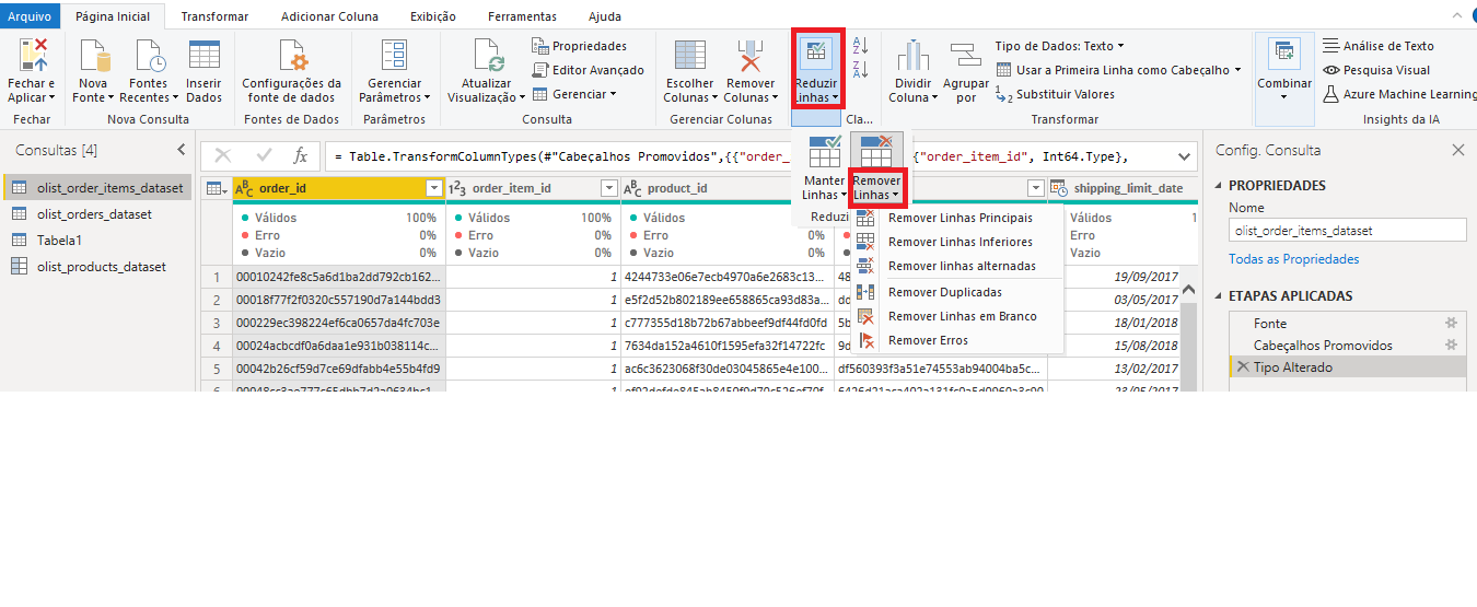 Print da página inicial do Power Query com as opções "Reduzir linhas" e "Remover linhas", localizadas na parte superior central da tela, marcadas com um retângulo vermelho sem preenchimento.