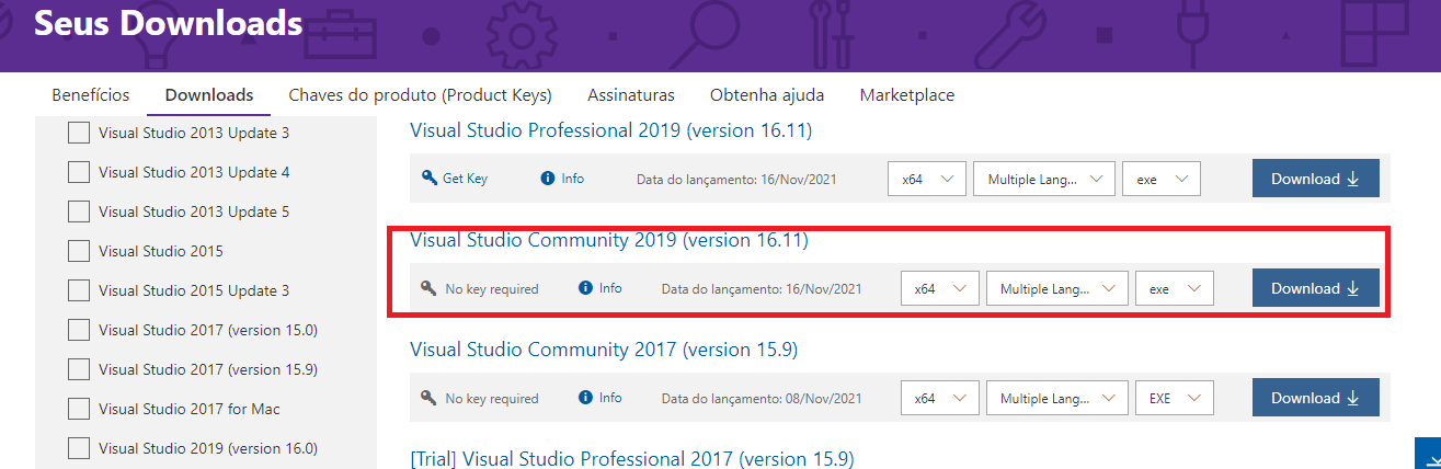 Print da tela da área de download do site oficial da microsoft mostrando as versões anteriores do Visual Studio disponíveis para download com a opção "Visual Studio Community 2019 (version 16.11) marcada com um retângulo vermelho