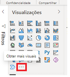 Print da aba de visualizações do Power BI com a opção "obter mais visuais", que é representada por três pontos marcado com um retângulo vermelho