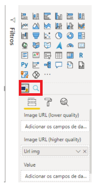 Print da aba de visualizações do Power BI com os filtros Image Grid e Text filter marcados com um retângulo vermelho sem preenchimento