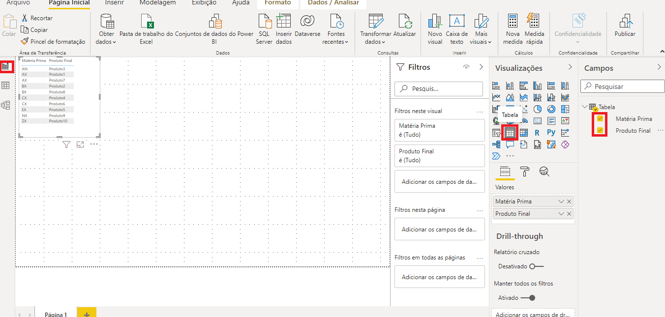 Print da tela do Power BI onde o item de relatórios no canto superior esquerdo está marcado com um retângulo vermelho, assim como a visualização de nome "tabela" que se encontra no lado direto da tela na aba de visualizações e as duas colunas da tabela que se encontram na aba "campos" também estão marcadas com um retângulo vermelho e selecionadas, no centro da tela temos a visualização da tabela que contém duas colunas