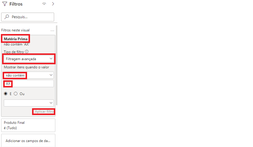 Print da aba Filtros do Power Bi com os campos nome da coluna, tipo de filtro, mostrar itens quando o valor, nome do valor e aplicar filtro destacados com um retângulo vermelho