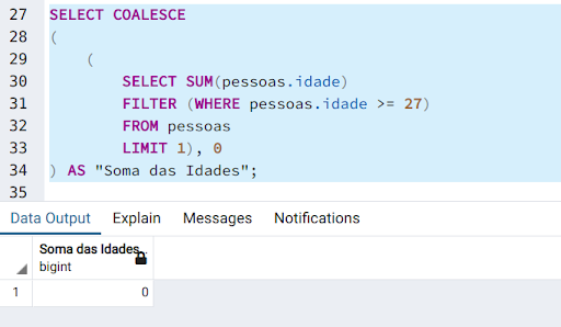 Print do pgadmin executando o código `SELECT COALESCE ((SELECT SUM (pessoas. idade) FILTER (WHERE pessoas. idade >= 27) FROM pessoas LIMIT 1), 0) AS "Soma de Idades;";` onde o resultado obtido foi igual a 0 (zero) 