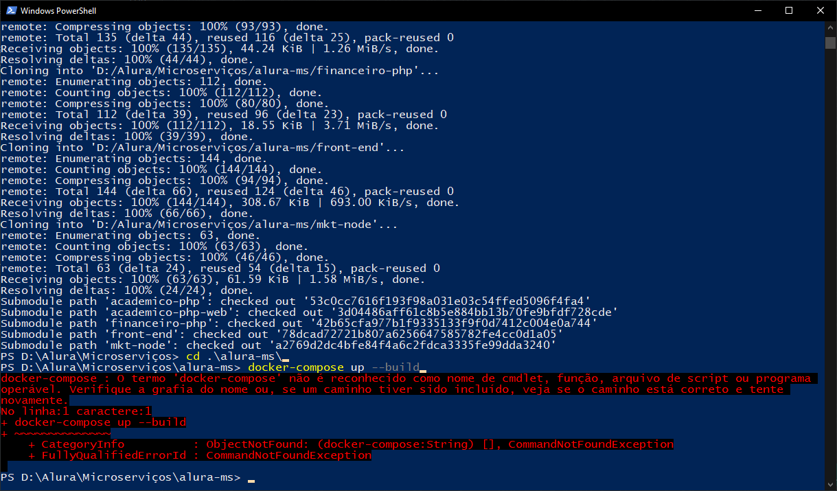 O termo docker-compose não é reconhecido como nome de cmdlet