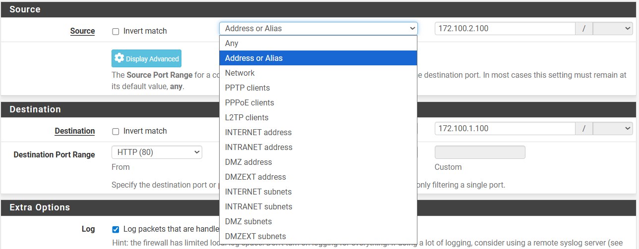 Opções do Source após atualizar o pfsense