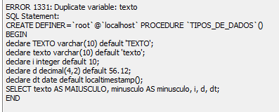 Erro 1331: Duplicate variavle: texto