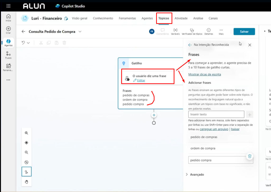 Print 2 Tela do Professor: No gatilho "O usuário diz uma frase", é possível inserir as frases para o Copilot aprender