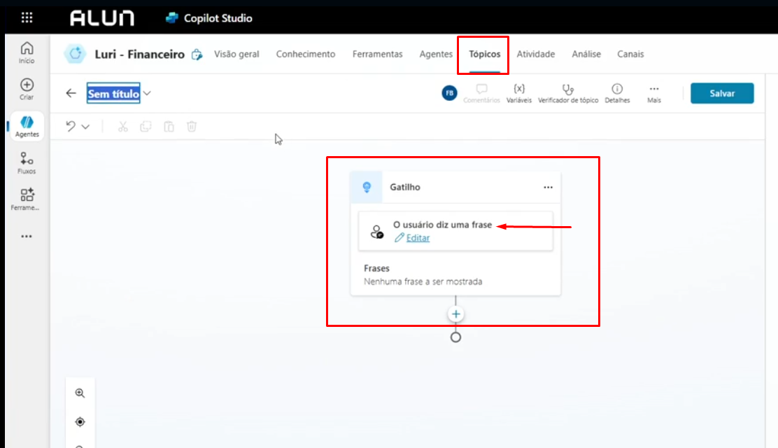 Print 1 Tela do Professor : Criação do tópico e gatilho