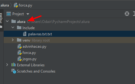 recorte do explorador do PyCharm destacando a pasta raiz do projeto