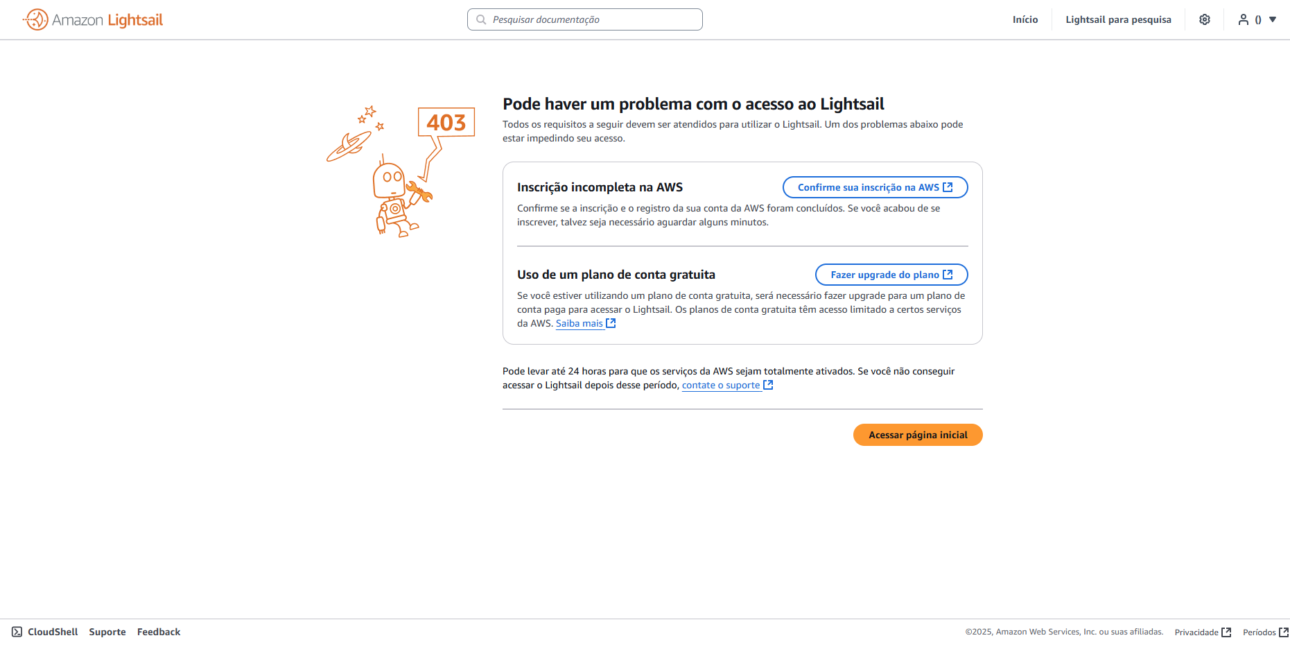Print ao acessar a ferramente Lightsail