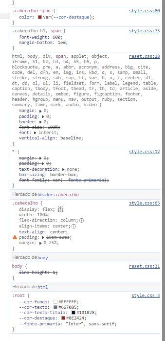 Inspeção do navegador mostrando alternância entre reset css e style css