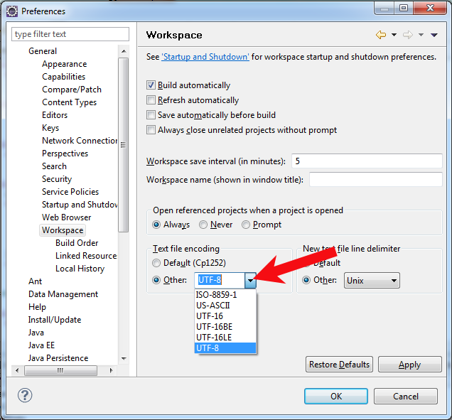 alterar para utf-8 no eclipse