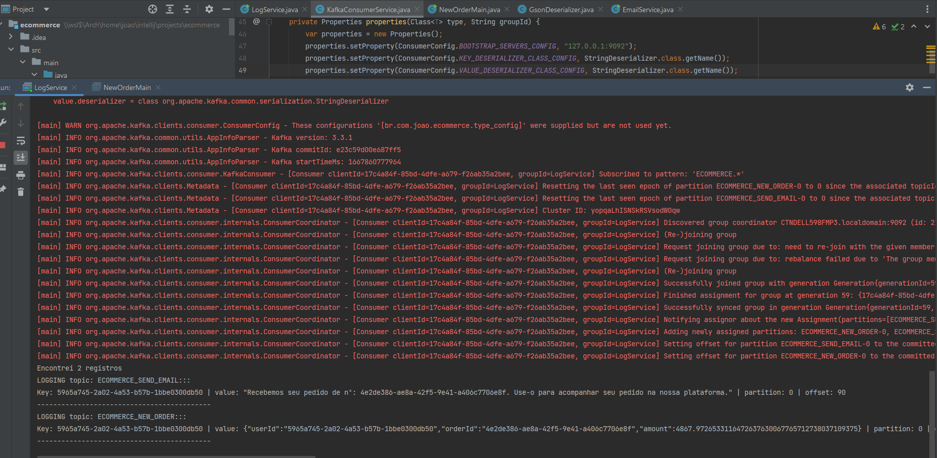 Screenshot - LogService funciona usando StringDeserializer no KafkaService