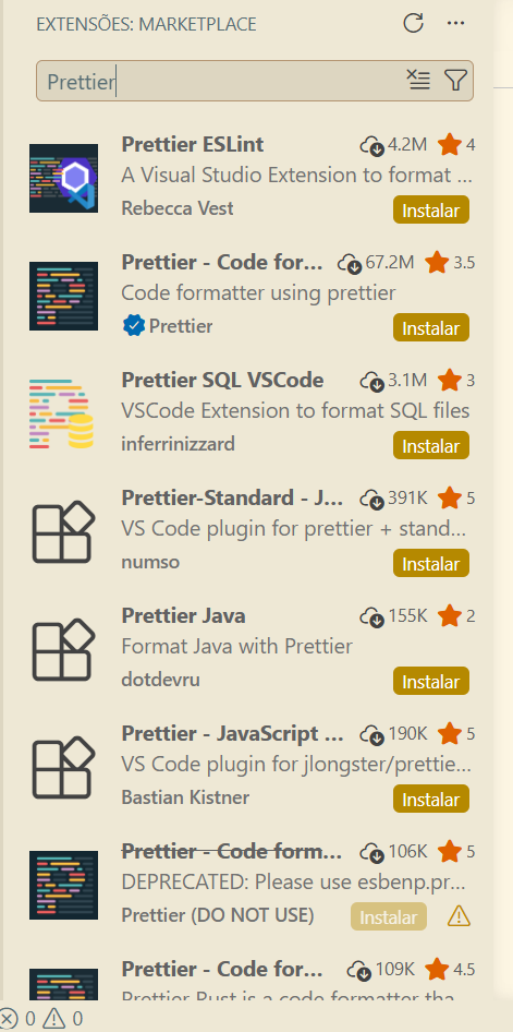 Opções da extensão Prettier que é citado no curso