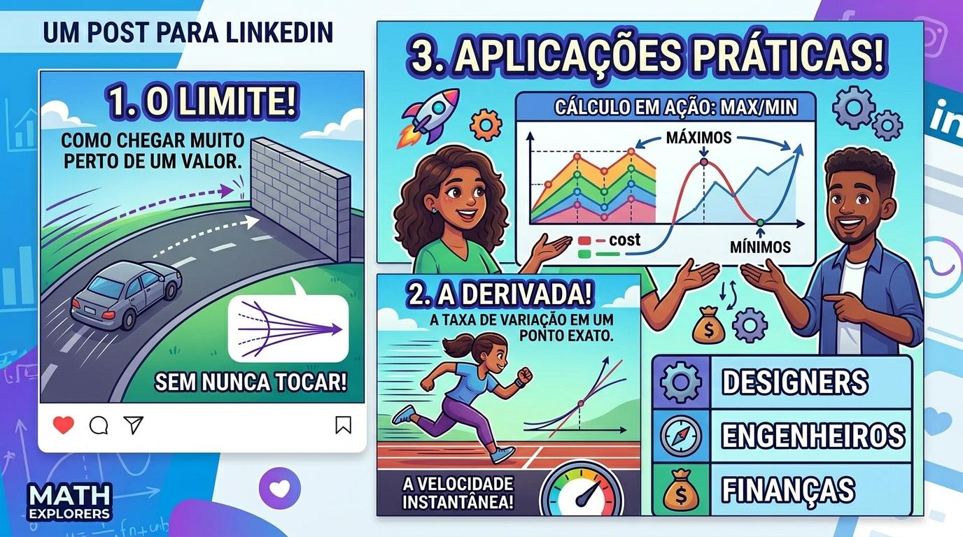 Uso de limites e derivada(matemática) no cotidiano estilo cartoon de forma clara e objetiva e em português