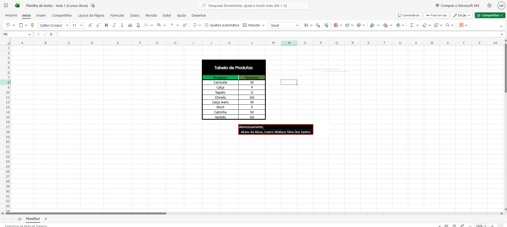 Primeiro projeto de planilha criado pelo curso Alura