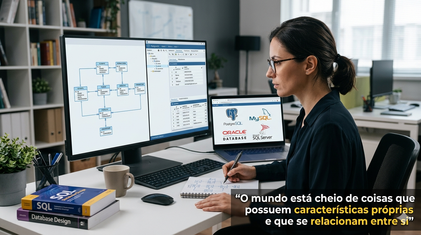 Mulher branca de óculos num escritório, sentada à mesa, à frente de um computador, em cujo monitor aparece uma modelagem de Banco de Dados MER e interface de um sistema gerenciador de banco de dados (SGBD). Há dois livros de banco de dados na mesa, bem como um notebook em cuja tela há logos de alguns SGBDs. A mulher está passando para o computador o que rascunhou num caderno. E a frase "O mundo está cheio de coisas que possuem características próprias e que se relacionam entre si" está escrita no canto inferior