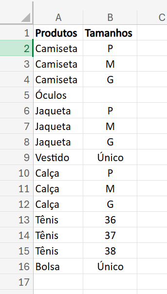 na coluna A, estão listados os produtos camiseta, (3 vezes), Óculos (1 vez), Jaqueta (3 vezes), vestido (1 vez), calça e tênis (ambos 3 vezes) e bolsa (1 vez). na coluna B, estão listados os respectivos tamanhos para quem tem tamanho (camiseta, jaqueta, calça e tênis) e está escrito "único" para produtos que não têm variaçãod e tamanho (óculos,  vestido e bolsa)