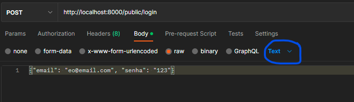 Print do Postman circulando em azul a opção que altera de "Text" para "JSON" na aba "Body"