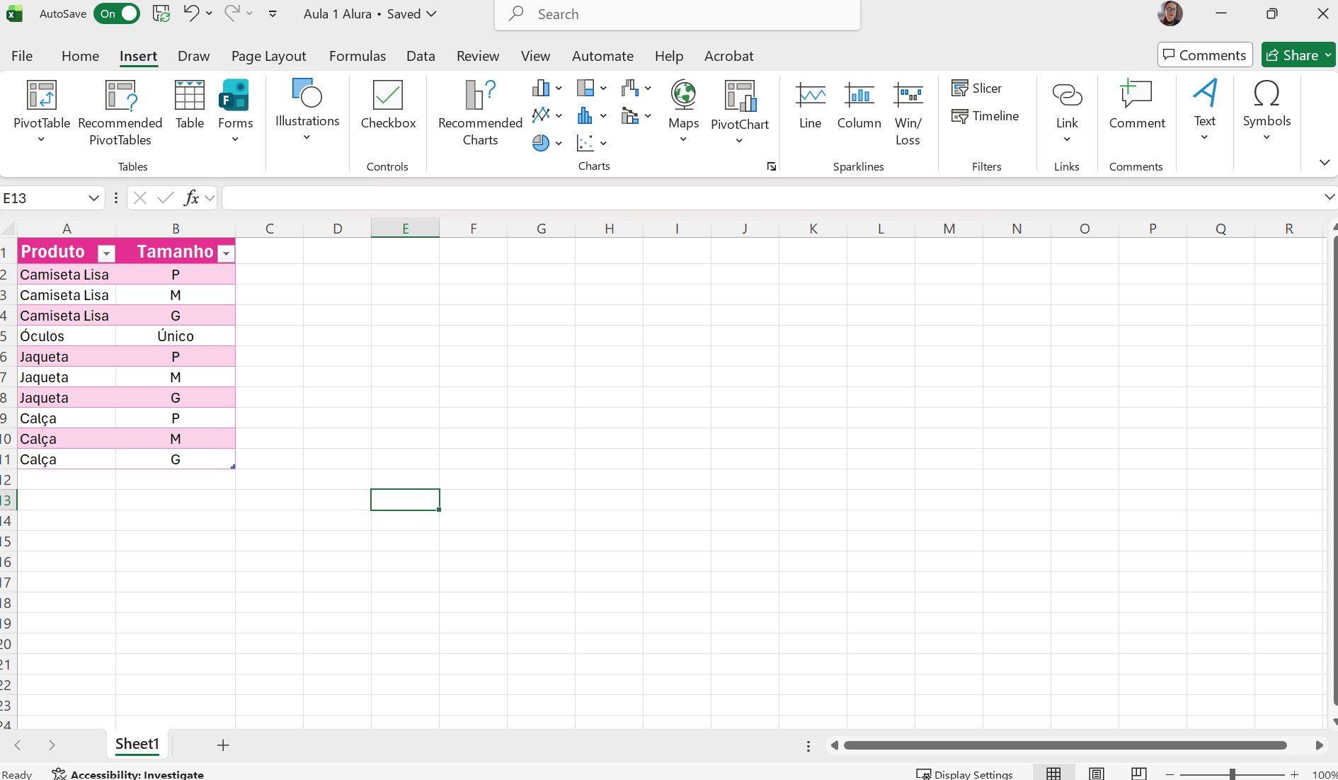 planilha com o exercício formatado em tabela
