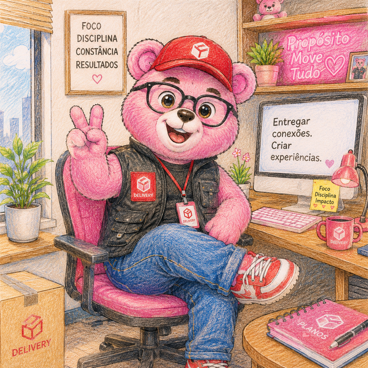 Urso rosa que trabalha na logística