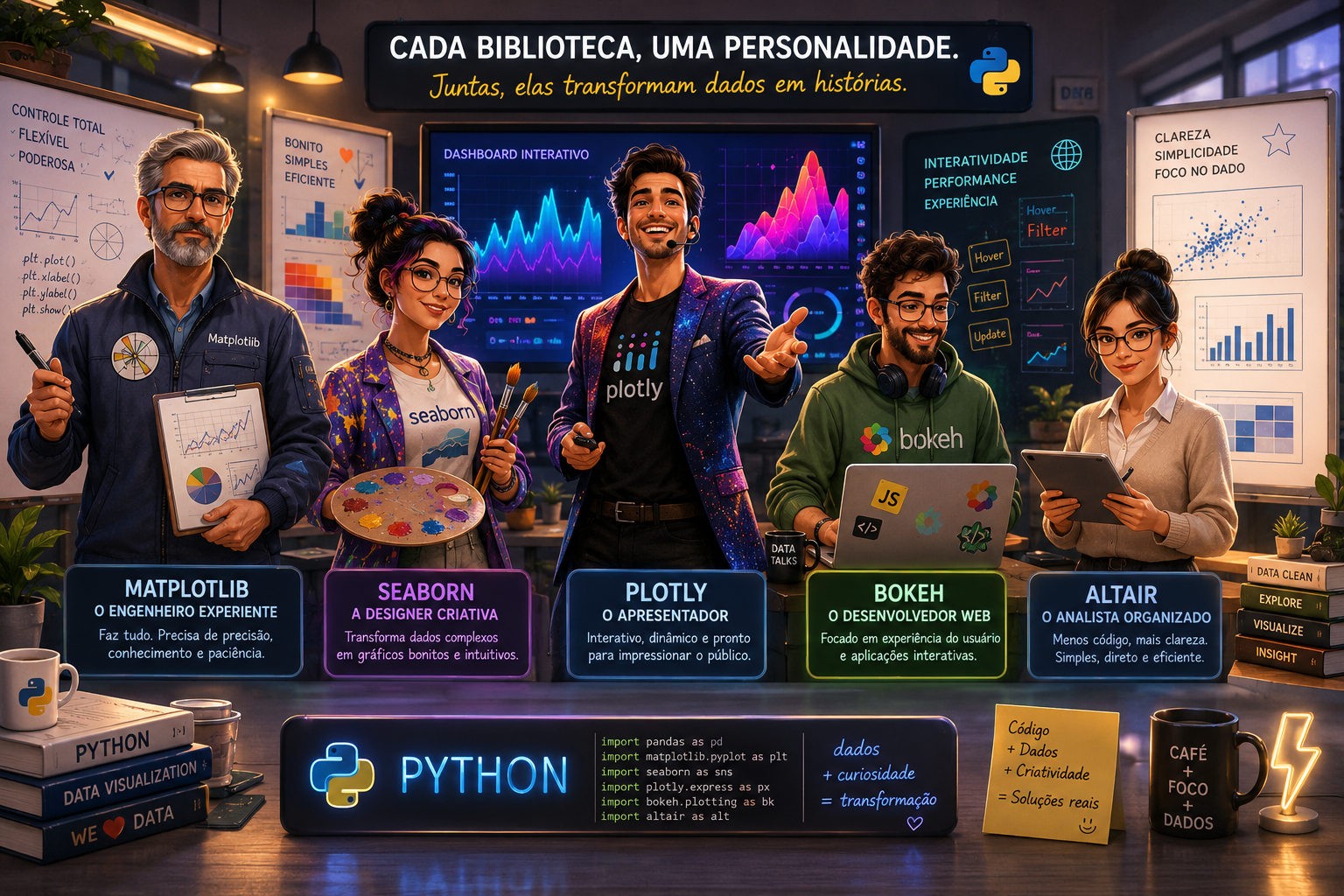 Analogia Blibliotecas Python a Tipos de profissionais em uma equipe de trabalho