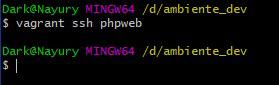 Na imagem está o user do Bash seguido do diretório local /d/ambiente_dev, abaixo o comando vagrant ssh phpweb e sem apresentar nada a linha posterior volta a ser o user com o diretorio esperando um comando.