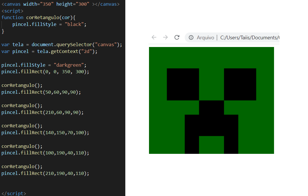 Creeper do Minecraft - Dimensões e Coordenadas, JavaScript e HTML:  pratique lógica com desenhos, animações e um jogo