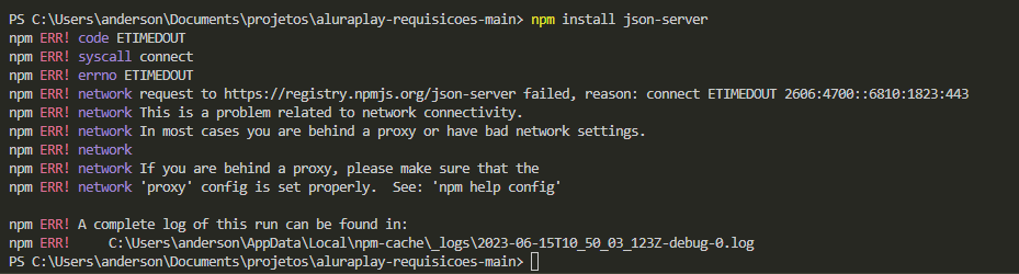 Erro ao executar o comando npm install json-server no terminal