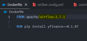 Imagem do arquivo Dockerfile, mostrando na primeira linha FROM apache/airflow:2.7.1