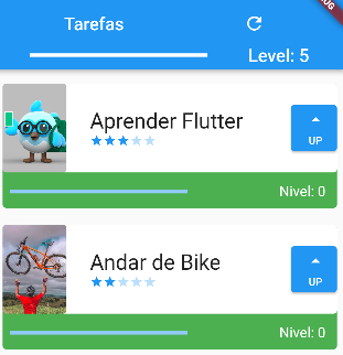 Screenshot de uma tela de celular, com uma barra superior escrito Tarefas, um ícone de recarregar ao lado direito. Embaixo uma barra de progresso, ao lado esquerdo está escrito Level: 5. Embaixo há 2 cards, cada um com uma tarefa. A primeira tarefa está escrito Aprender Flutter, possui 3 estrelas abaixo.  A segunda tarefa está escrito Andar de Bike, e tem 2 estrelas embaixo