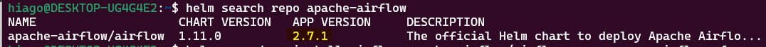 Imagem mostrando output do comando helm search repo apache-airflow, mostrando o APP VERSION com valor 2.7.1